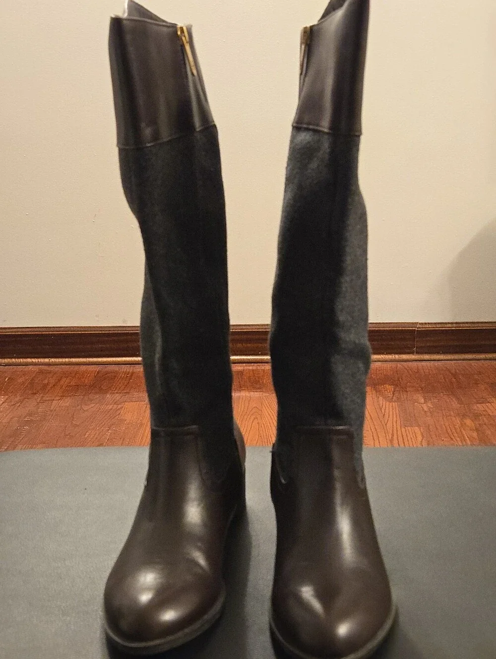 Tommy Hilfiger Brown Leather & Charcoal Wool Tall Riding Boots Size 7.5
